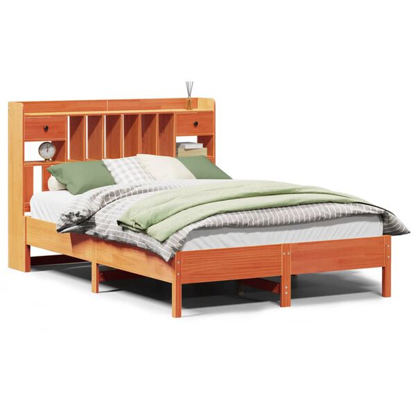 vidaXL Seng med bokhylle uten madrass voksbrun 135x190 cm heltre furu