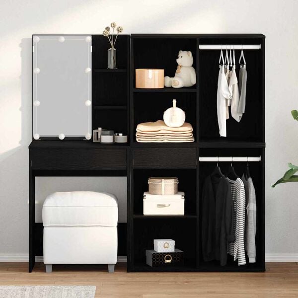 vidaXL LED Sminkebordsett Svart Eik 140 x 40 x 140 cm Konstruert tre