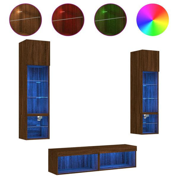 vidaXL Vegghengte TV-enheter med LED 6 deler brun eik konstruert tre