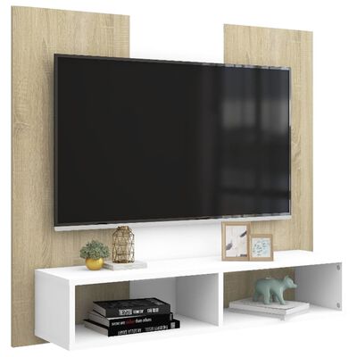 vidaXL Veggmontert TV-benk hvit og sonoma eik 102x23,5x90 cm sponplate