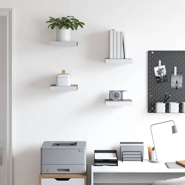 vidaXL Flytende vegghyller 4 stk eik og hvit 23x23,5x3,8 cm MDF