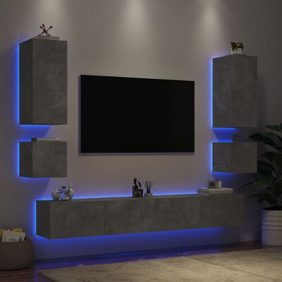 vidaXL Vegghengte TV-benker med LED 6 stk betonggrå