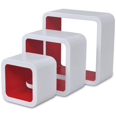 3 Hvite og røde MDF vegghylle kuber