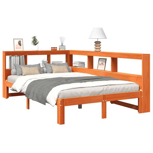 vidaXL Seng med bokhylle uten madrass voksbrun 120x200 cm heltre furu