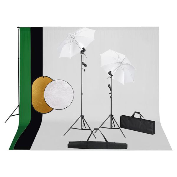 vidaXL Fotostudiosett med lamper, paraplyer, bakgrunn og reflektor