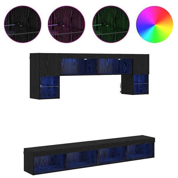 vidaXL TV veggenheter med LED 6 pcs Svart Eik Konstruert tre