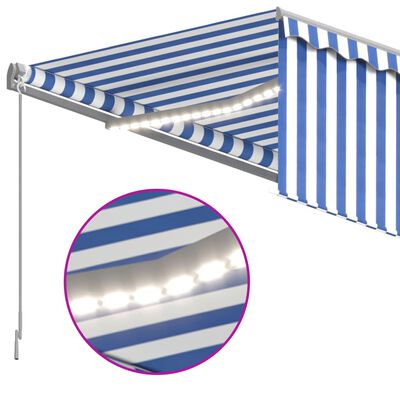 vidaXL Manuell uttrekkbar markise rullegardin og LED 4,5x3 m blå hvit