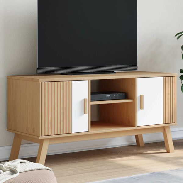 vidaXL TV-benk OLDEN hvit og brun 114x43x57 cm heltre furu