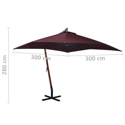 vidaXL Hengende parasoll med stolpe vinrød 3x3 m heltre gran