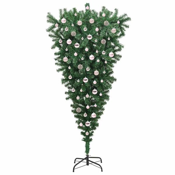 vidaXL Opp-ned kunstig forh&aring;ndsbelyst juletre med kule sett 210 cm PVC