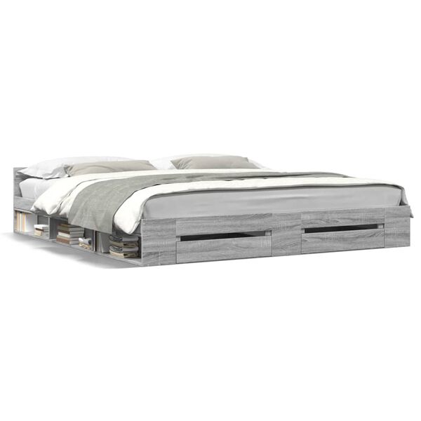 vidaXL Sengeramme med skuffer gr&aring; sonoma 200x200 cm konstruert tre