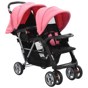 vidaXL Tandemvogn rosa og svart st&aring;l