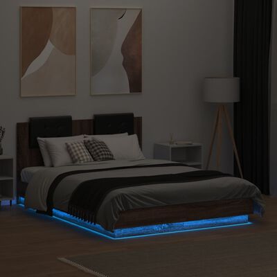 vidaXL Sengeramme med hodegavl og LED-lys brun eik 120x190 cm