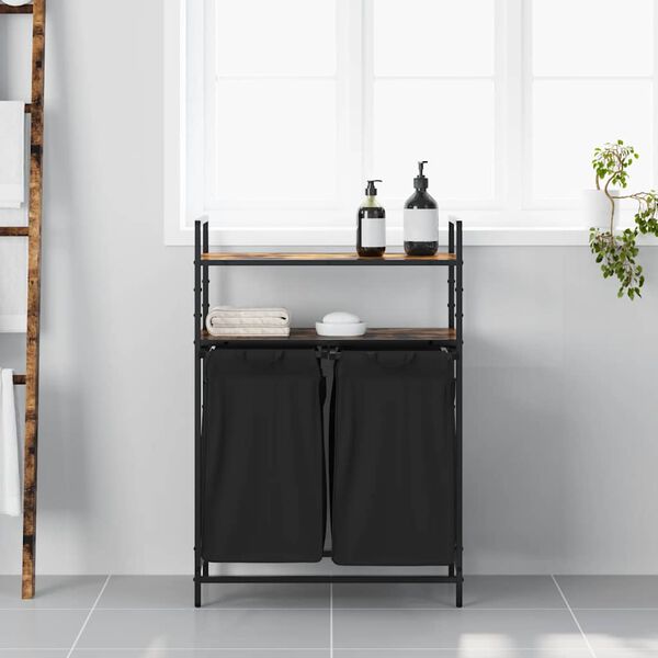 vidaXL skittentøyskurv 2 rom med hyller røkt eik