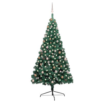 vidaXL Kunstig halvt juletre med LED og kulesett 210 cm grønn