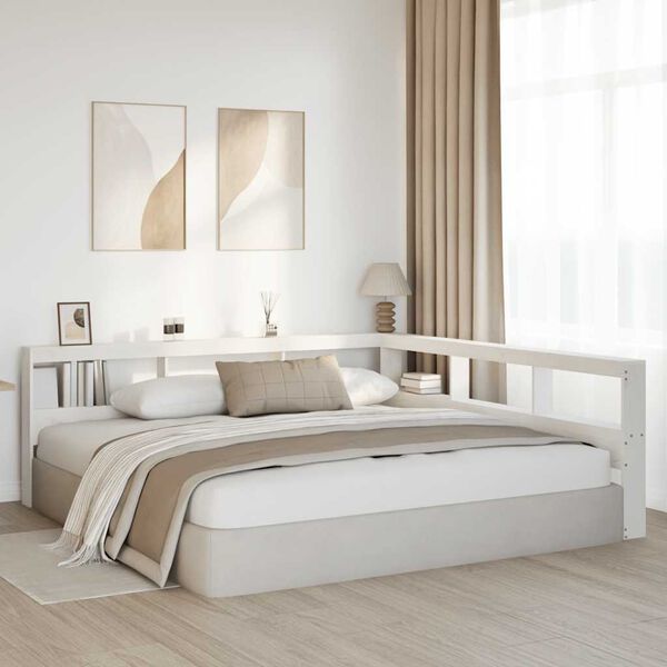 vidaXL Bokhylle sengegavl L-formet hvit 200 cm heltre furu