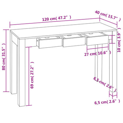 vidaXL Konsollbord med 3 skuffer 80 cm heltre indisk rosentre