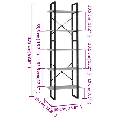 vidaXL Bokhylle 5 nivåer betonggrå 60x30x175 cm konstruert tre