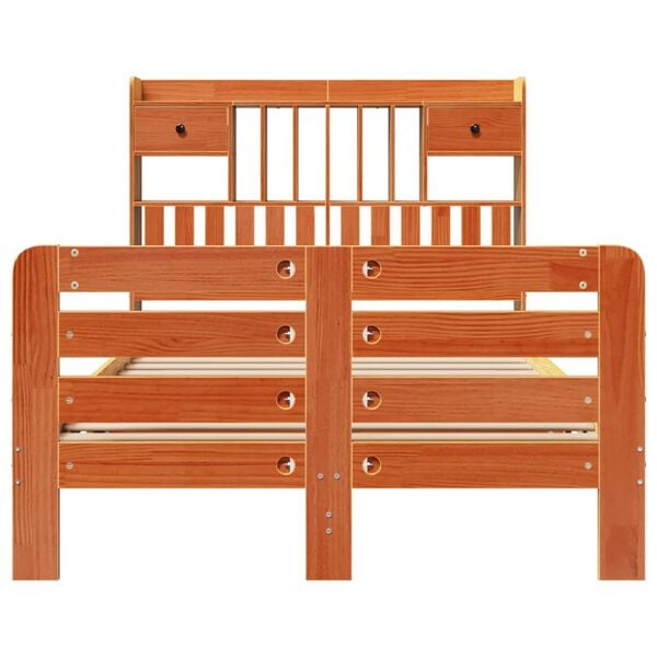 vidaXL Seng med bokhylle uten madrass voksbrun 135x190 cm heltre furu