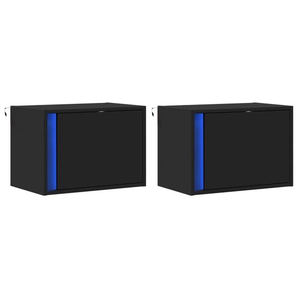 vidaXL Vegghengte nattbord med LED-lys 2 stk svart