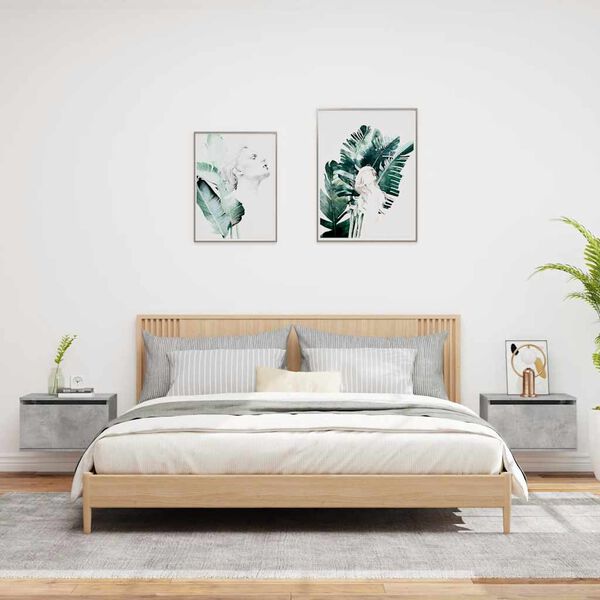 vidaXL Vegghengte nattbord med LED-lys 2 stk betonggr&aring;