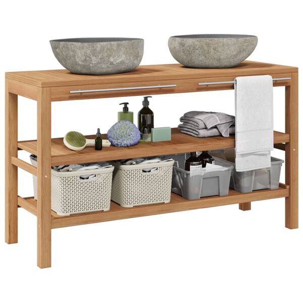 vidaXL Baderomshylle heltre teak med vaskesk&aring;ler av elvestein