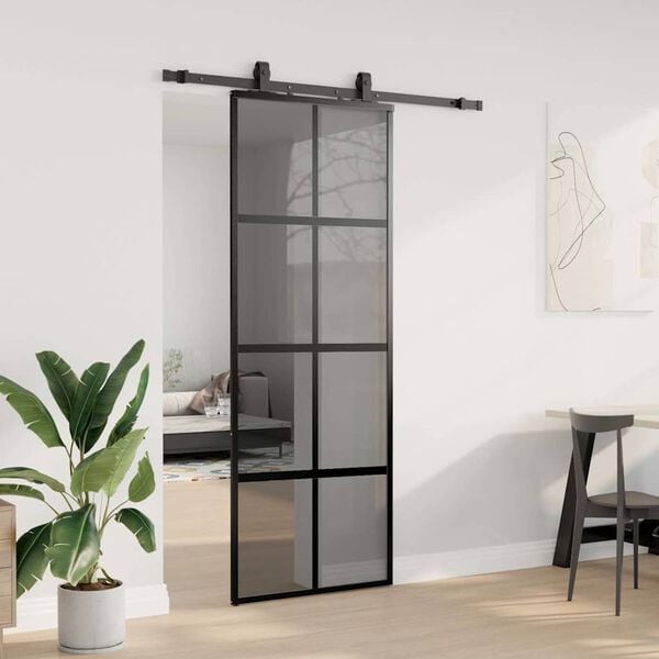 vidaXL Skyvedør med monteringssett svart 76x205 cm herdet glass