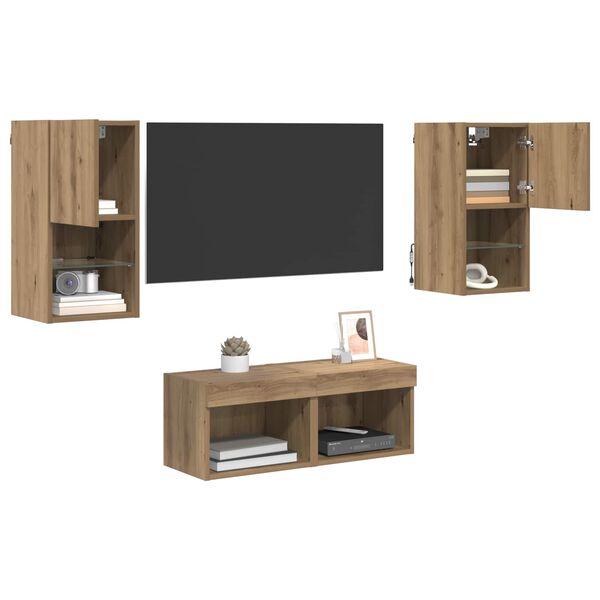 vidaXL TV Veggskap med LED -stripelys 4 pcs Artisan Eik Konstruert tre