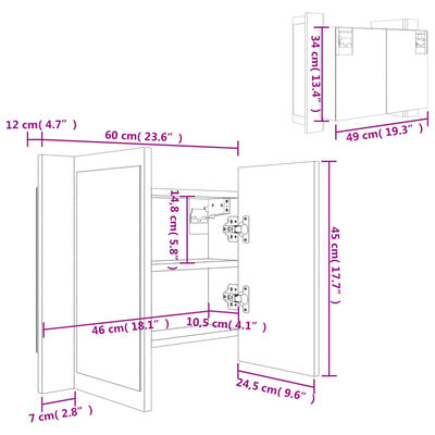 vidaXL Speilskap med LED grå eik 60x12x45 cm konstruert tre