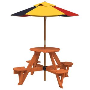 vidaXL Piknikbord for 4 barn med parasoll rund heltre gran