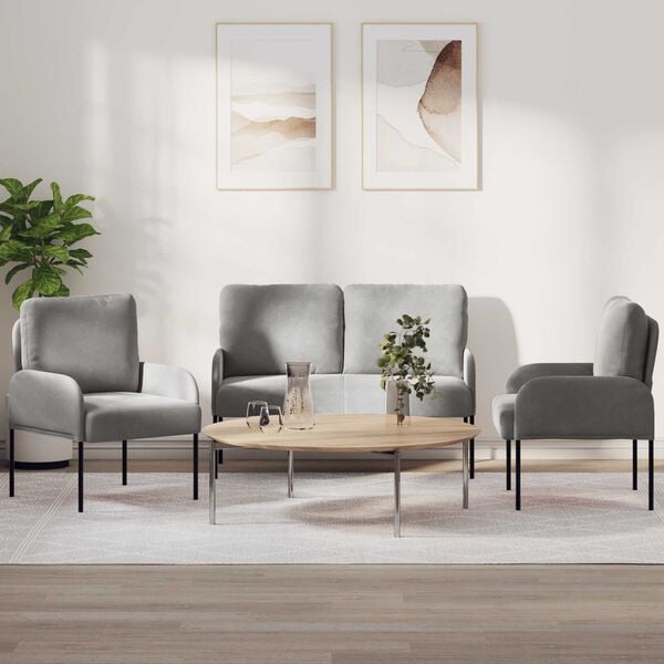 vidaXL Sofasett med pute 3 pcs Lysegr&aring; 115 x 56 x 80 cm Kryssfin&eacute;r