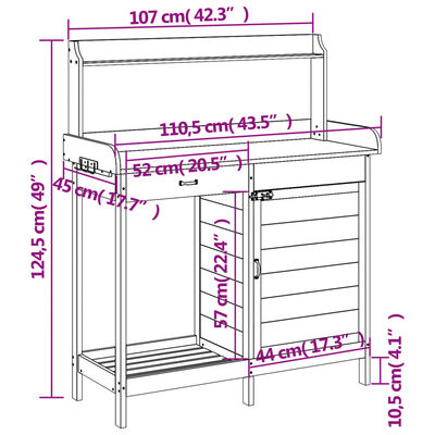vidaXL Pottebord med skap brun 110,5x45x124,5 cm heltre gran