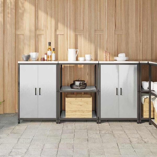 vidaXL Kj&oslash;kkenoppbevaringssett med hylle 3 pcs s&oslash;lv Rustfritt St&aring;l