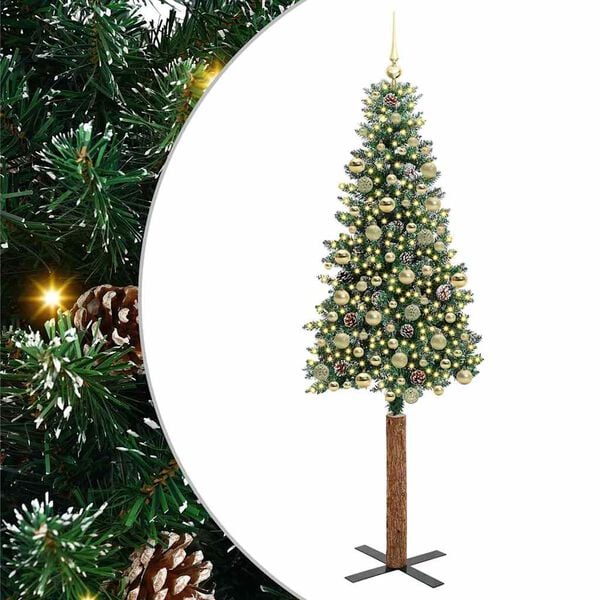 vidaXL Slim juletre med 300 LED gr&oslash;nn 210 cm PVC og Massivt Furu tre