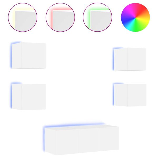vidaXL Vegghengte TV-enheter med LED 6 deler hvit konstruert tre