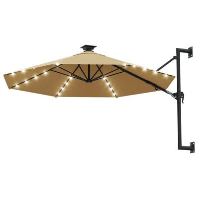 vidaXL Veggmontert parasoll med LED og metallstolpe 300 cm gråbrun