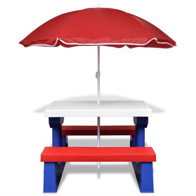 vidaXL Barns piknikbord med benker og parasoll flerfarget