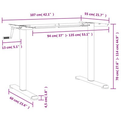vidaXL Stående ramme for skrivebord hvit (94-135)x60x(70-114) cm stål