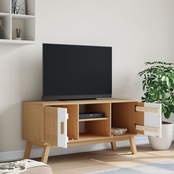 vidaXL TV-benk OLDEN hvit og brun 114x43x57 cm heltre furu