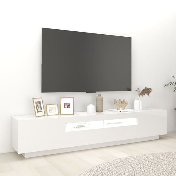 vidaXL TV-benk med LED-lys h&oslash;yglans hvit 200x35x40 cm