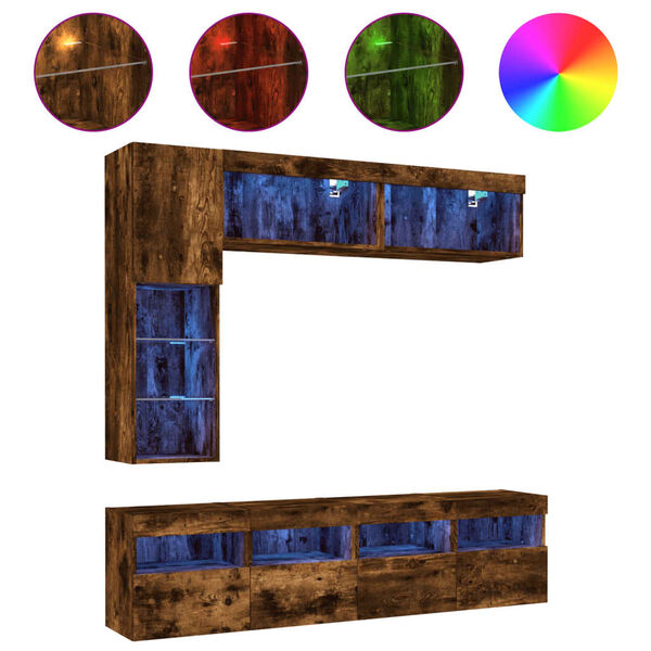 vidaXL Vegghengte TV-benker med LED 7 stk r&oslash;kt eik