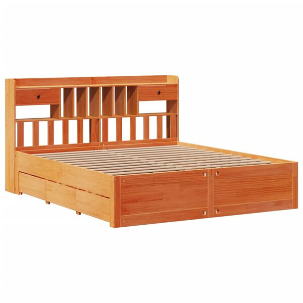 vidaXL Seng med bokhylle uten madrass voksbrun 200x200 cm heltre furu