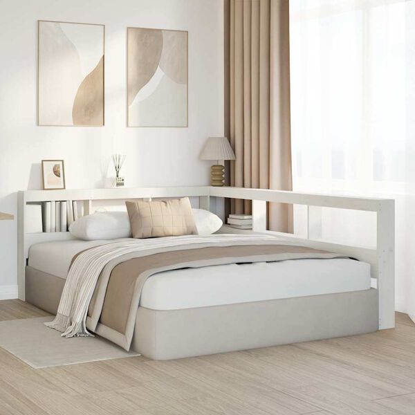 vidaXL Bokhylle sengegavl L-formet hvit 150 cm heltre furu