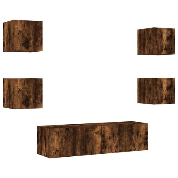 vidaXL Vegghengte TV-enheter med LED 6 deler r&oslash;kt eik konstruert tre