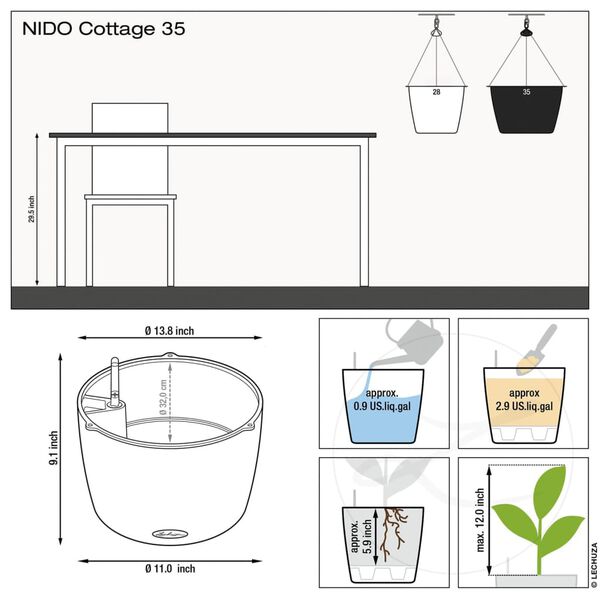 LECHUZA Plantekasse NIDO Cottage 35 ALL-IN-ONE grafittsvart