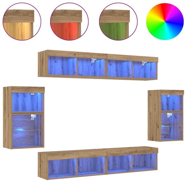 vidaXL TV-benksett med LED -stripelys 8 pcs artisan eik Konstruert tre