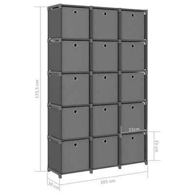 vidaXL Displayhylle med 15 kuber og bokser grå 103x30x175,5 cm stoff