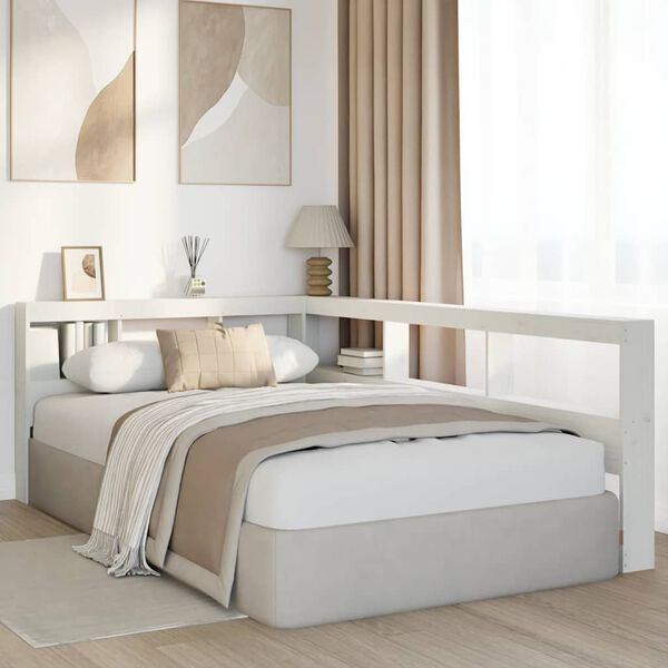 vidaXL Bokhylle sengegavl L-formet hvit 120 cm heltre furu