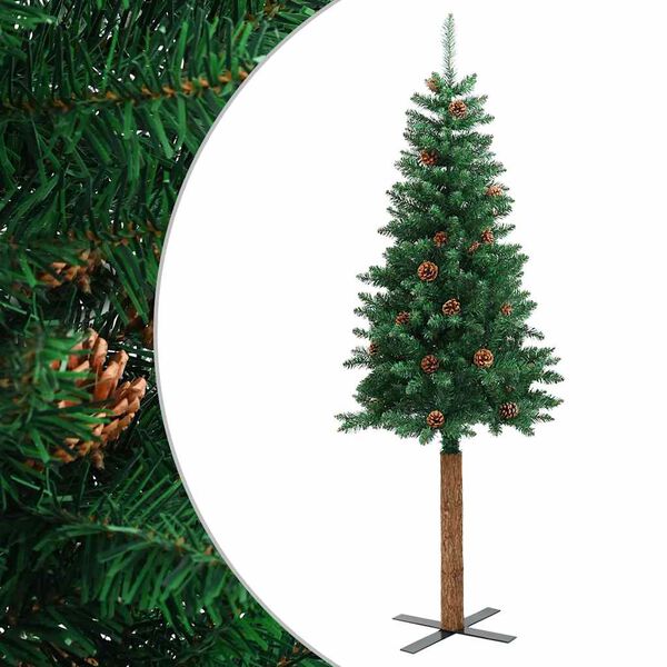 vidaXL Slankt juletre med ekte tre og furukongler grønn 180 cm PVC