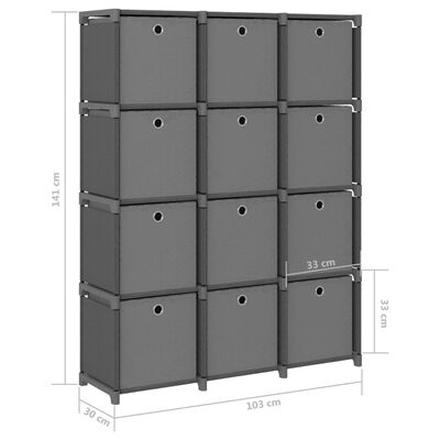 vidaXL Displayhylle med 12 kuber og bokser grå 103x30x141 cm stoff